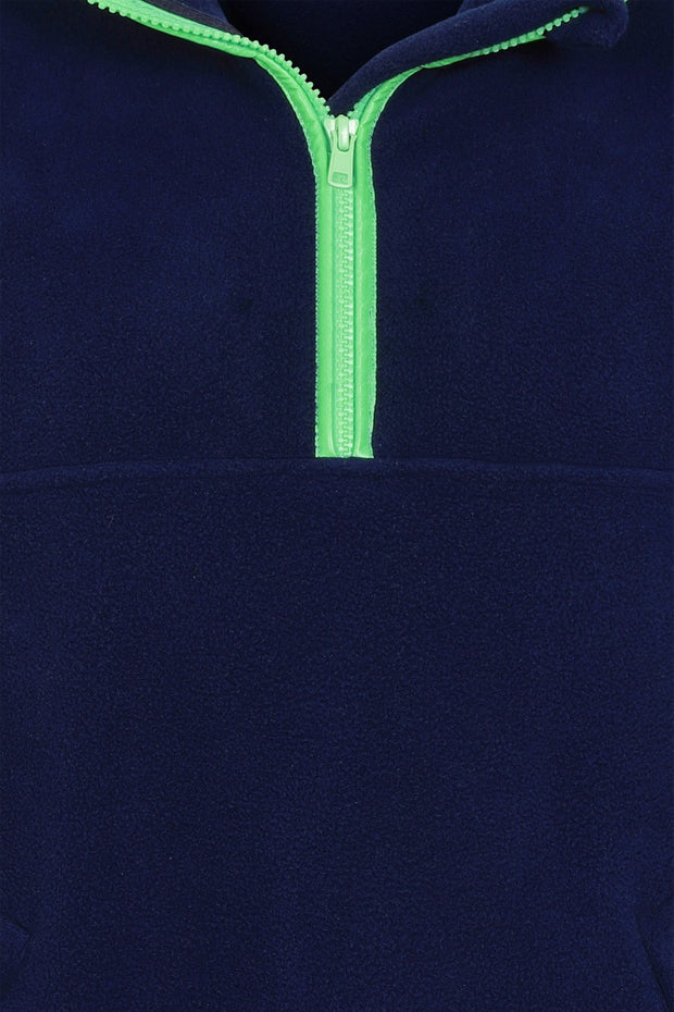 zip close up image of nattily dressed navy blue fleece quarter zip with mint green trim