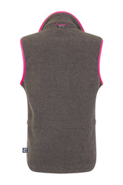 back view of ladies grey fleece gilet with bright pink trim