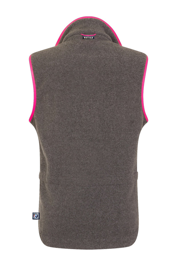 back view of ladies grey fleece gilet with bright pink trim