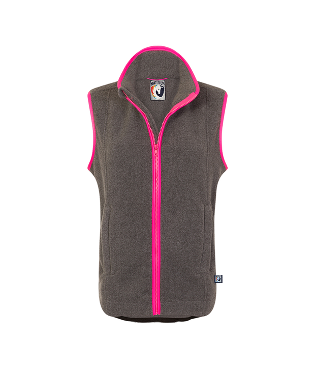 ladies grey fleece gilet with bright pink trim