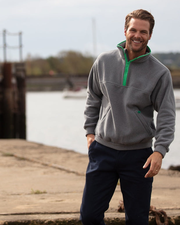 male model wearing nattily dressed quarter zip polartec fleece navy with sky blue trimnattily dressed grey fleece quarter zip with mint green trim