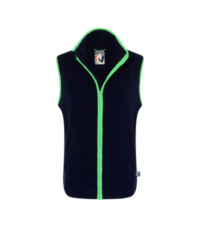 nattily dressed ladies polartec fleece gilet in navy with bright mint green trim