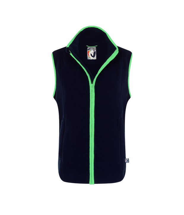 nattily dressed ladies polartec fleece gilet in navy with bright mint green trim