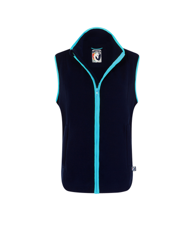 Nattily dressed childrens navy blue fleece gilet with sky blue trim