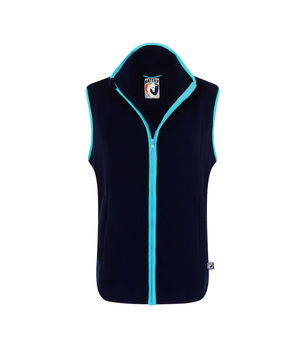 Nattily dressed childrens navy blue fleece gilet with sky blue trim