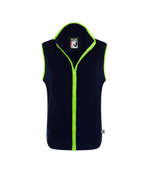 Nattily dressed childrens navy blue fleece gilet with bright green trim