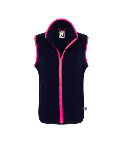 Nattily dressed childrens navy blue fleece gilet with bright pink trim