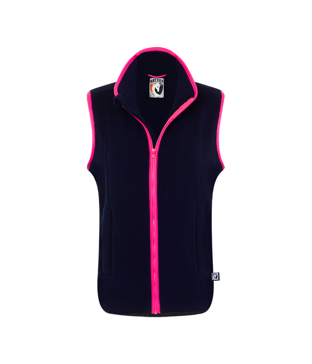 Nattily dressed childrens navy blue fleece gilet with bright pink trim