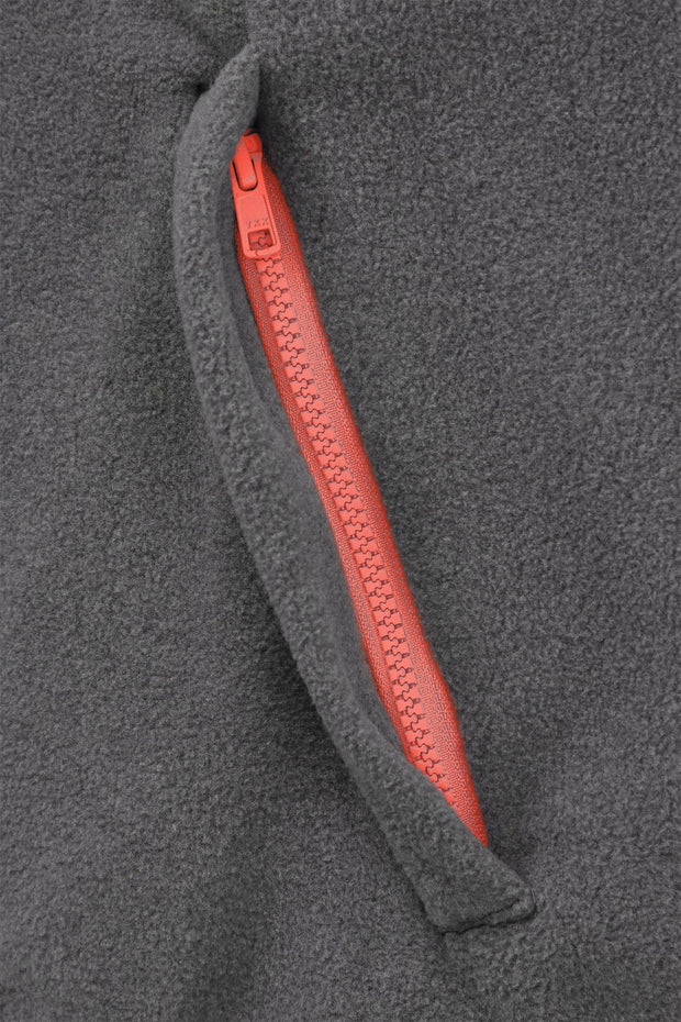 unisex adult quarter zip grey fleece with coral trim close up of pocket details