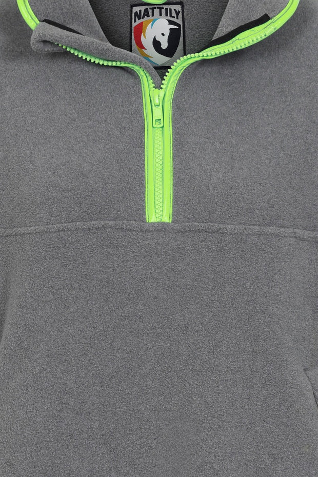 close up of unisex adult quarter zip grey fleece with lime green trim