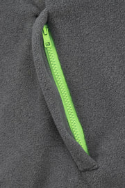 pocket detail of unisex adult quarter zip grey fleece with lime green trim
