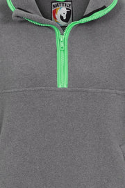 grey fleece quarter zip with bright green trim zip close up