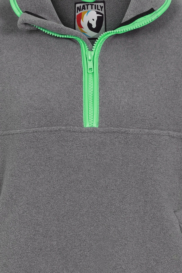 grey fleece quarter zip with bright green trim zip close up