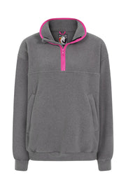 grey fleece quarter zip with bright pink trim