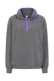 nattily dressed grey fleece quarter zip with purple trim