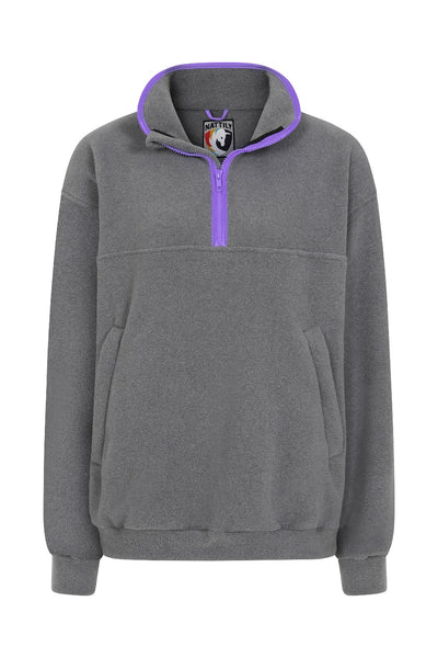 nattily dressed grey fleece quarter zip with purple trim