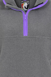 zip close up of nattily dressed grey fleece quarter zip with purple trim