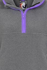 zip close up of nattily dressed grey fleece quarter zip with purple trim