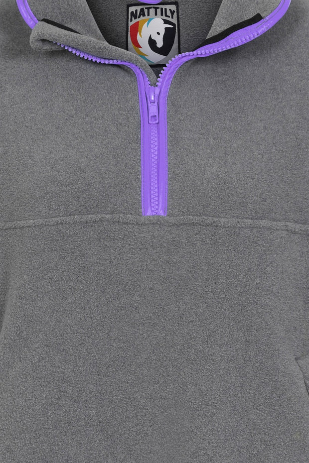 zip close up of nattily dressed grey fleece quarter zip with purple trim
