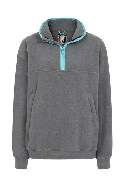 nattily dressed grey fleece quarter zip with sky blue trim