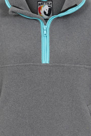 zip close up view of nattily dressed grey fleece quarter zip with sky blue trim