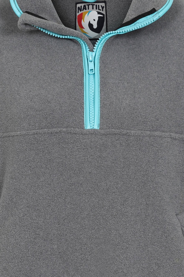 zip close up view of nattily dressed grey fleece quarter zip with sky blue trim