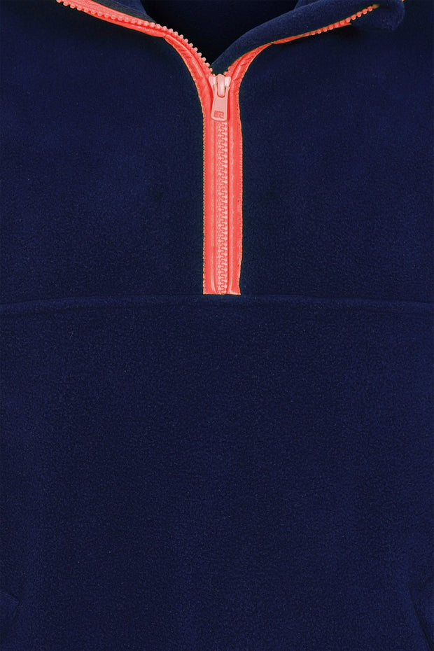 zip close up view of nattily dressed navy blue fleece quarter zip with coral colour trim