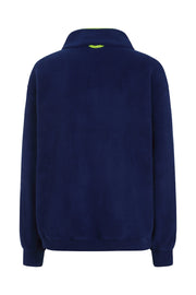 back view image of nattily dressed navy blue fleece quarter zip with lime green trim