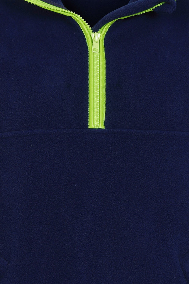 zip neck close up of nattily dressed navy blue fleece quarter zip with lime green trim