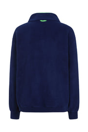 back view image of nattily dressed navy blue fleece quarter zip with mint green trim