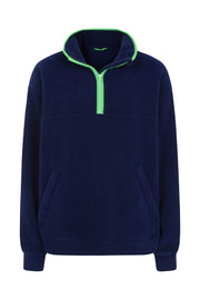 nattily dressed navy blue fleece quarter zip with mint green trim