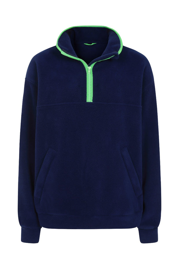 nattily dressed navy blue fleece quarter zip with mint green trim