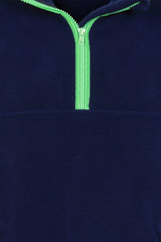 zip close up image of nattily dressed navy blue fleece quarter zip with mint green trim