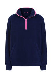 nattily dressed navy blue fleece quarter zip with bright pink trim