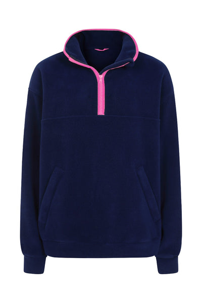 nattily dressed navy blue fleece quarter zip with bright pink trim