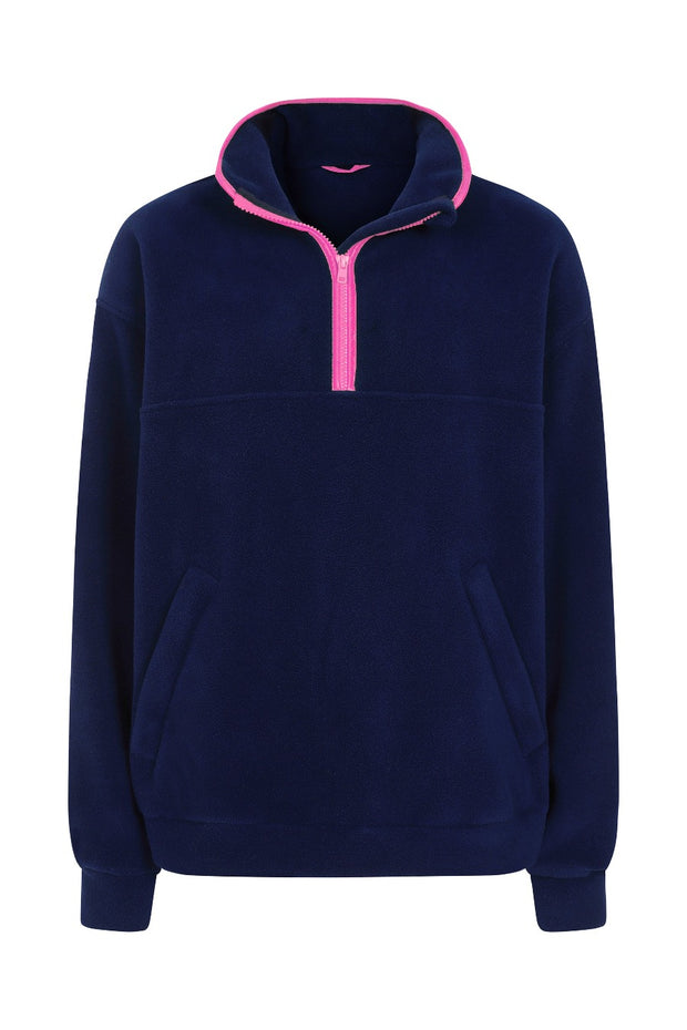 nattily dressed navy blue fleece quarter zip with bright pink trim
