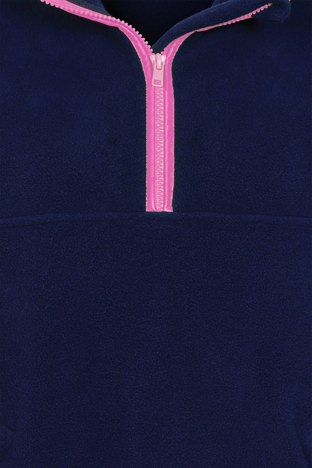 zip close up of nattily dressed navy blue fleece quarter zip with bright pink trim