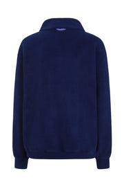 back view image of nattily dressed navy blue fleece quarter zip with purple trim
