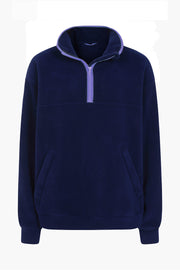 nattily dressed navy blue fleece quarter zip with purple trim