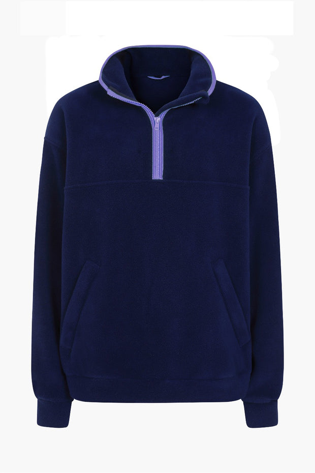 nattily dressed navy blue fleece quarter zip with purple trim