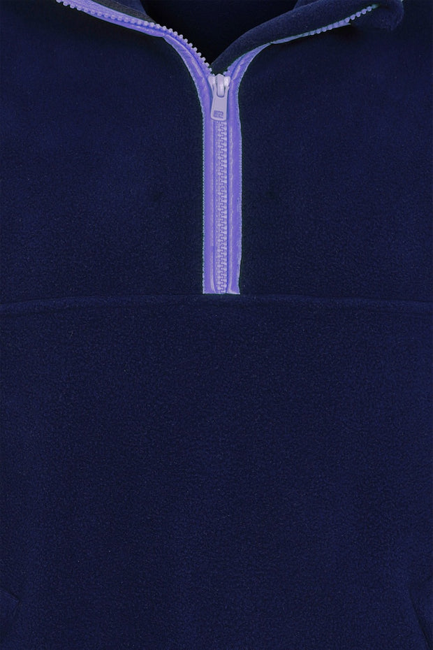 zip close up of nattily dressed navy blue fleece quarter zip with purple trim
